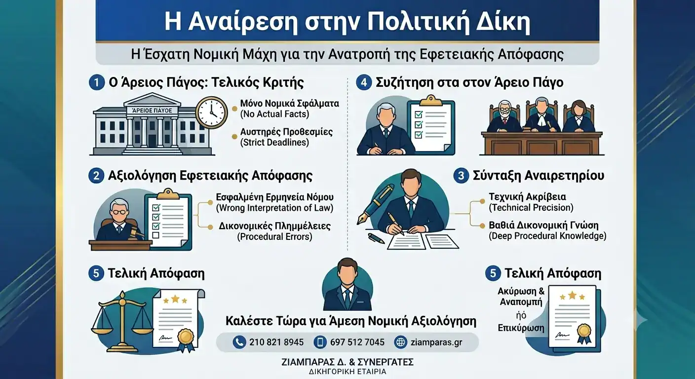Infographic διαδικασίας αναίρεσης στην πολιτική δίκη: Νομικά βήματα και προθεσμίες για τον Άρειο Πάγο από τη δικηγορική εταιρεία Ζιαμπάρας Δ. & Συνεργάτες.